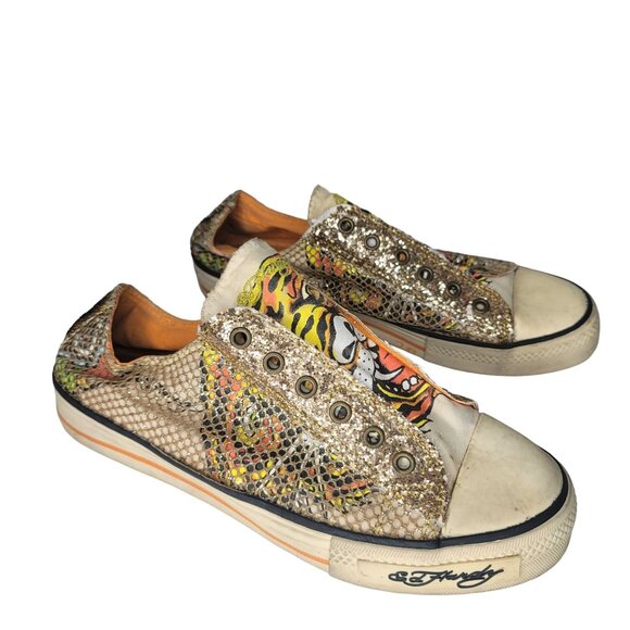 Ed Hardy vintage Women's Gold Snake Print Tiger Slip-On Shoe sneakers Size 8 US - Picture 3 of 10